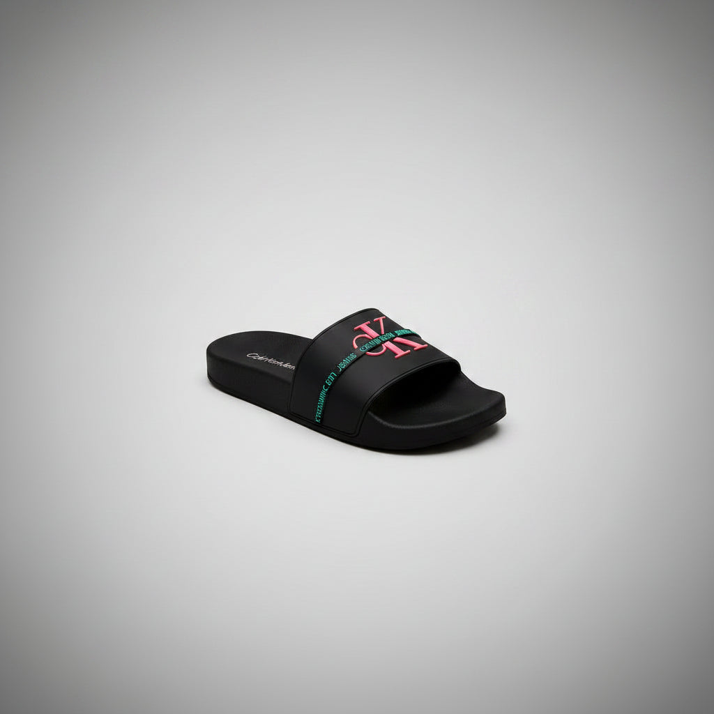 CALVIN KLEIN SLIDES NEGRO LOGO ROSA Y CIAN