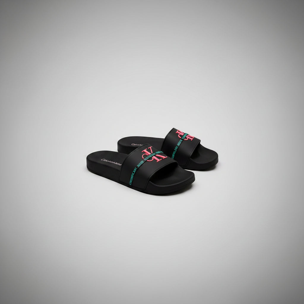 CALVIN KLEIN SLIDES NEGRO LOGO ROSA Y CIAN