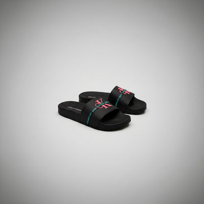 CALVIN KLEIN SLIDES NEGRO LOGO ROSA Y CIAN