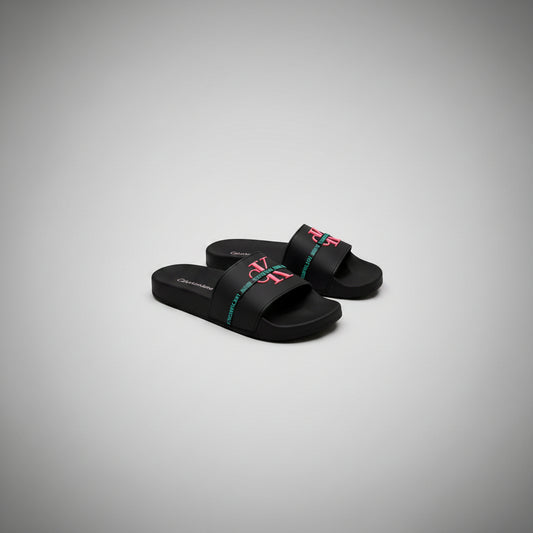 CALVIN KLEIN SLIDES NEGRO LOGO ROSA Y CIAN