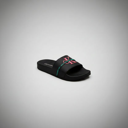 CALVIN KLEIN SLIDES NEGRO LOGO ROSA Y CIAN